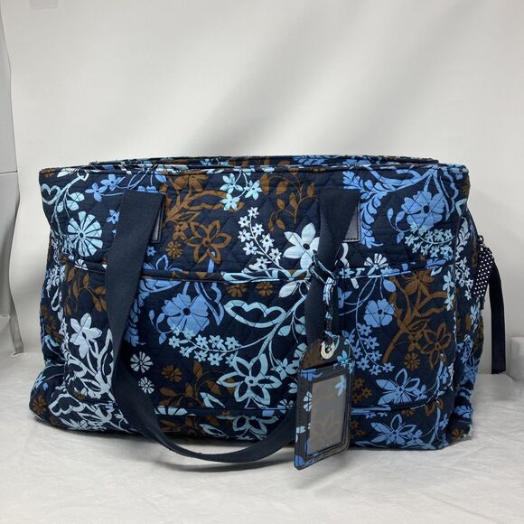 Vera Bradley Java Floral Grand Weekender Duffel Bag Navy Blue Brown Travel - Picture 1 of 16